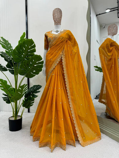 Bridal Yellow Colour Shimmery Tissue Designer Saree By WTW