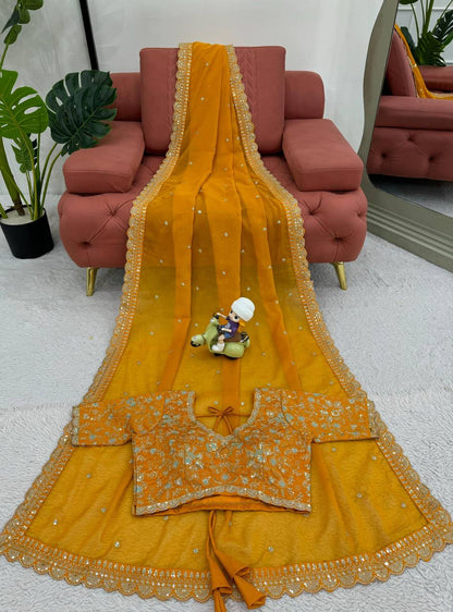 Bridal Yellow Colour Shimmery Tissue Designer Saree By WTW