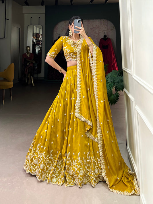 Mustard Color Vichitra Silk Thread Embroidered Lehenga Choli By WTW