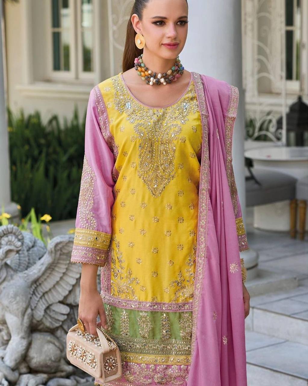 Premium Yellow & Pink Zari Embroidered Tunic Kurta Palazzo Set By WTW