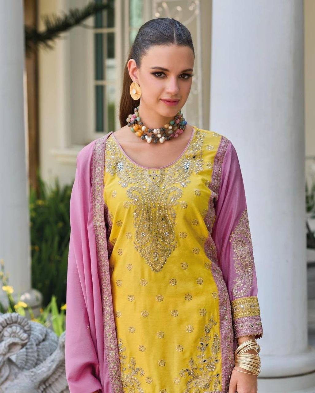 Premium Yellow & Pink Zari Embroidered Tunic Kurta Palazzo Set By WTW