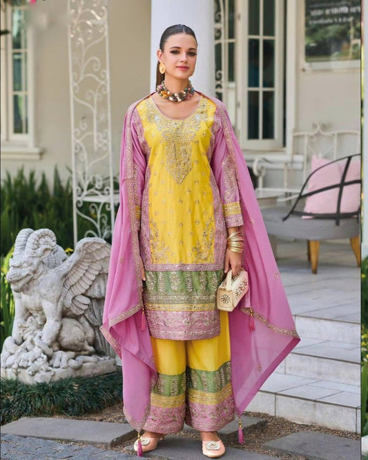 Premium Yellow & Pink Zari Embroidered Tunic Kurta Palazzo Set By WTW