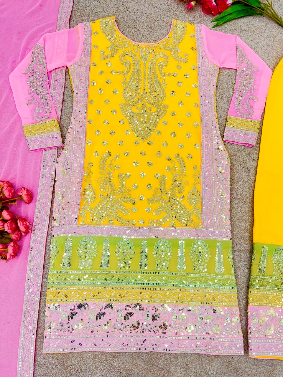 Premium Yellow & Pink Zari Embroidered Tunic Kurta Palazzo Set By WTW