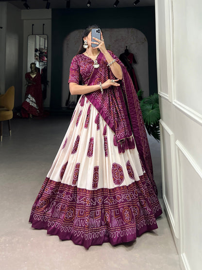 Wine Color Tussar Silk Bandhej Printed Lehenga Choli By WTW