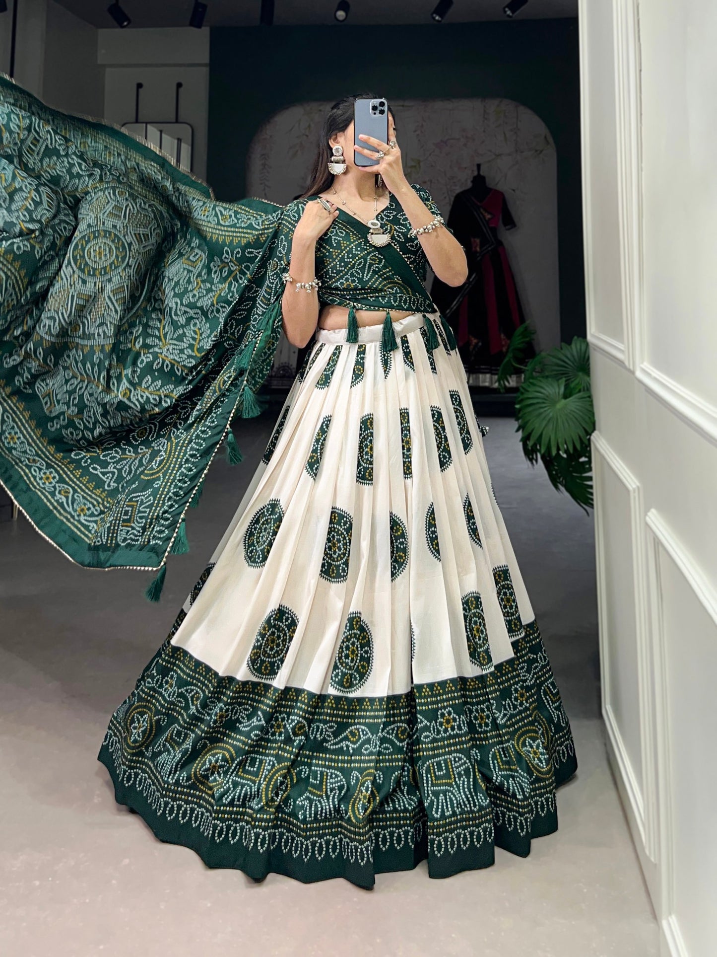 Green Tussar Silk Lehenga Choli with Foil Print By WTW