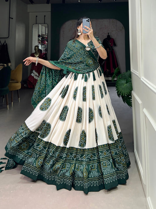 Green Tussar Silk Lehenga Choli with Foil Print By WTW