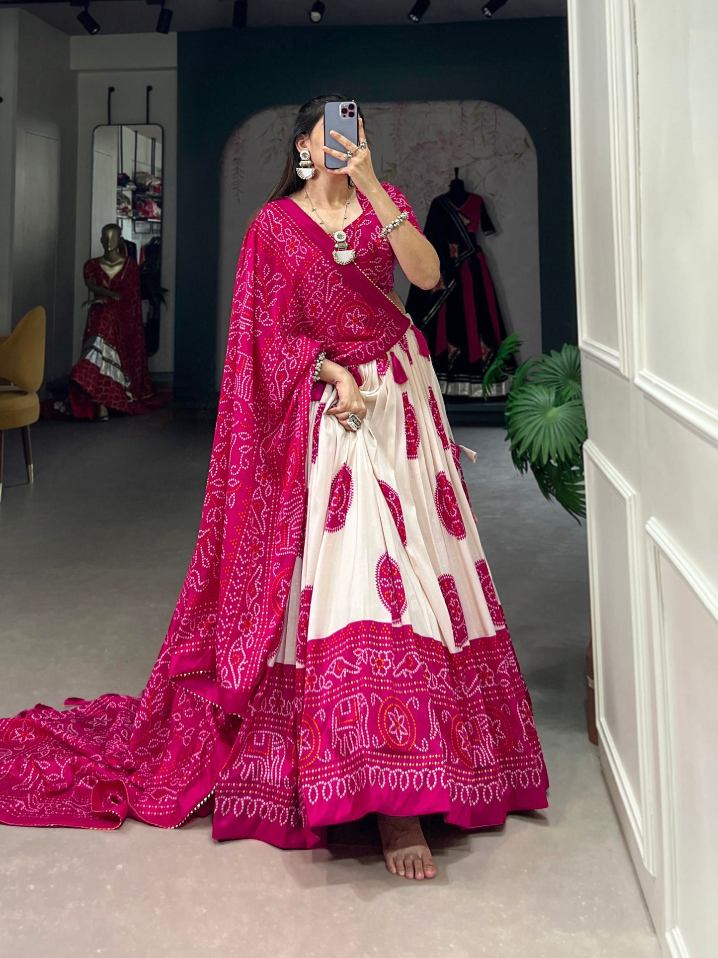 Desirable Rani Pink Bandhani Printed Tussar Silk Function Wear Lehenga Choli By WTW