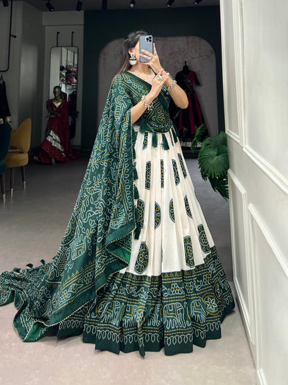 Green Tussar Silk Lehenga Choli with Foil Print By WTW