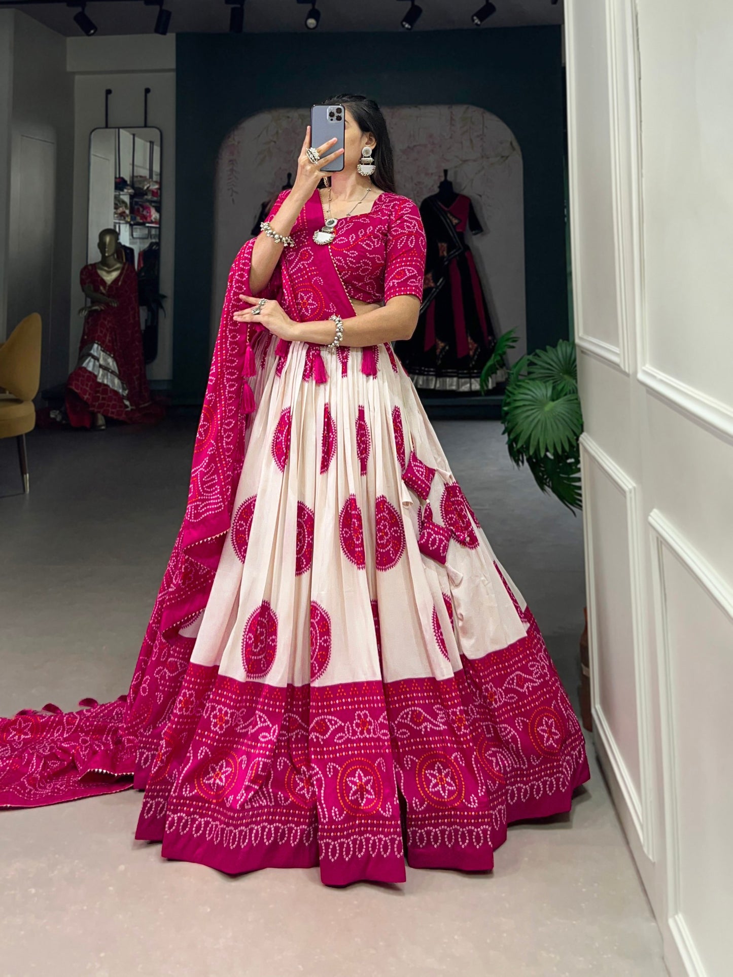 Desirable Rani Pink Bandhani Printed Tussar Silk Function Wear Lehenga Choli By WTW