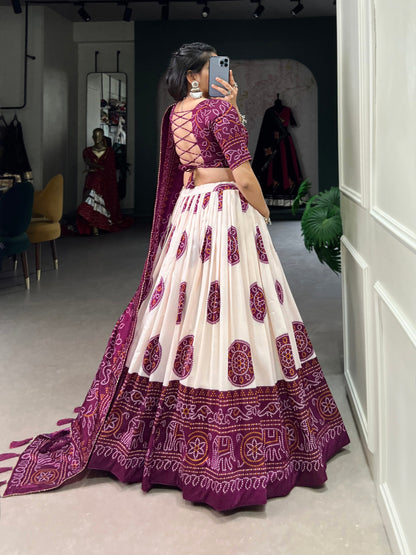 Wine Color Tussar Silk Bandhej Printed Lehenga Choli By WTW