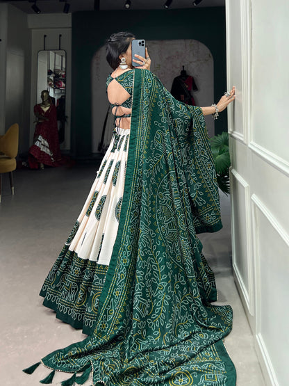 Green Tussar Silk Lehenga Choli with Foil Print By WTW