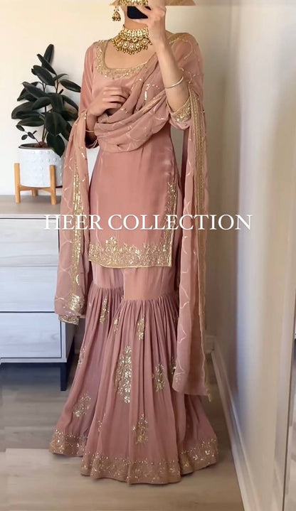 Captivating Embroidery Sequence Work Peach Color Sharara Suit By WTW