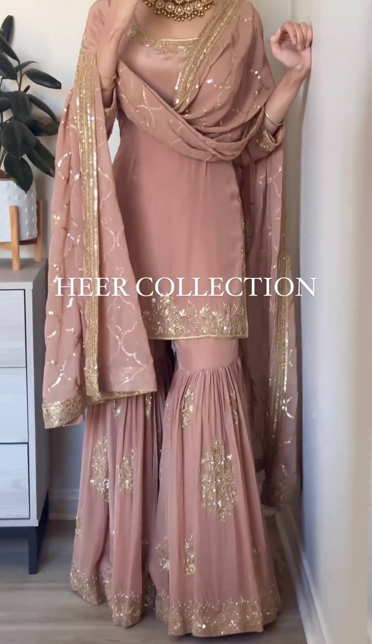 Captivating Embroidery Sequence Work Peach Color Sharara Suit By WTW