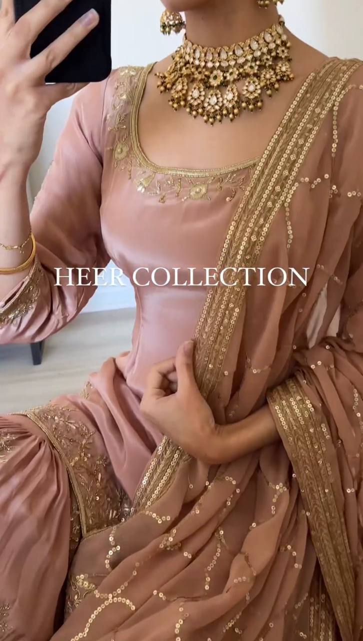 Captivating Embroidery Sequence Work Peach Color Sharara Suit By WTW