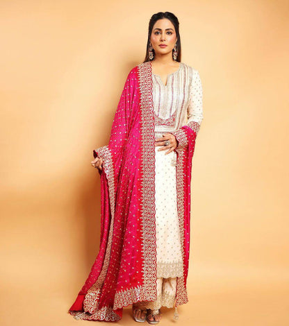 Embroidered White Long Straight Kurta Palazzo Set With Pink Dupatta By WTW