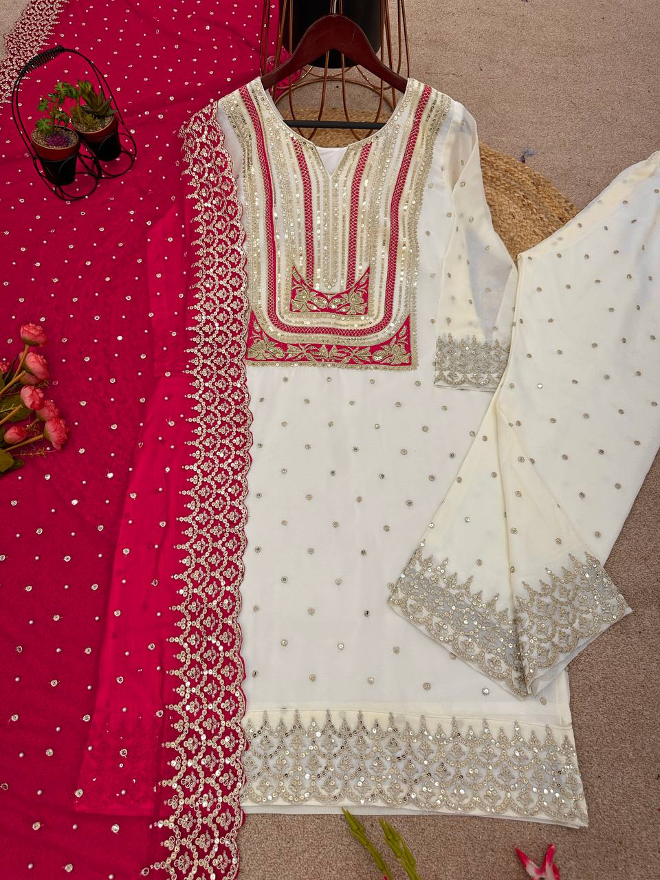 Embroidered White Long Straight Kurta Palazzo Set With Pink Dupatta By WTW