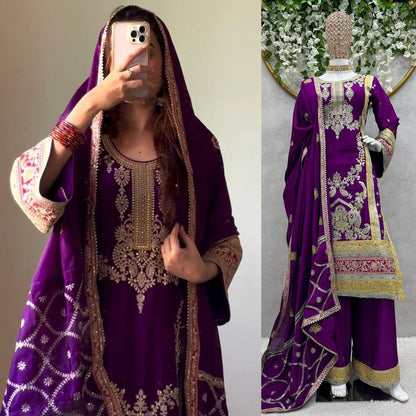 Pakistani Embroidered Purple Chinnon Silk Kurta Palazzo Set Stitched By WTW