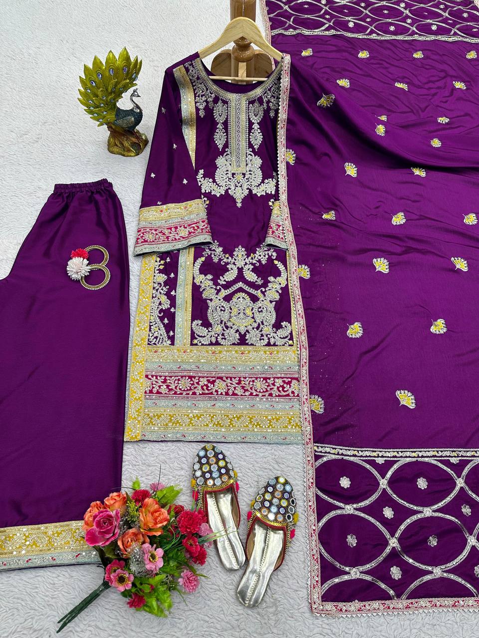 Pakistani Embroidered Purple Chinnon Silk Kurta Palazzo Set Stitched By WTW