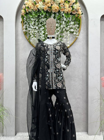 Awesome Black Color Wedding Wear Chinon Silk Sequence Work Sharara Suit By WTW