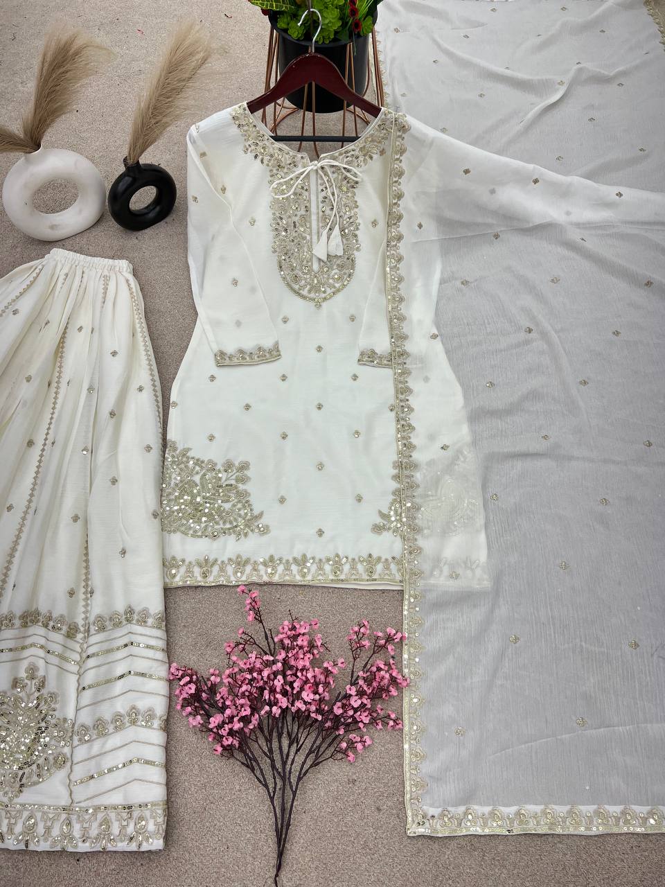 Sublime White Color Chinnon Silk Embroidery Work Salwar Suit By WTW