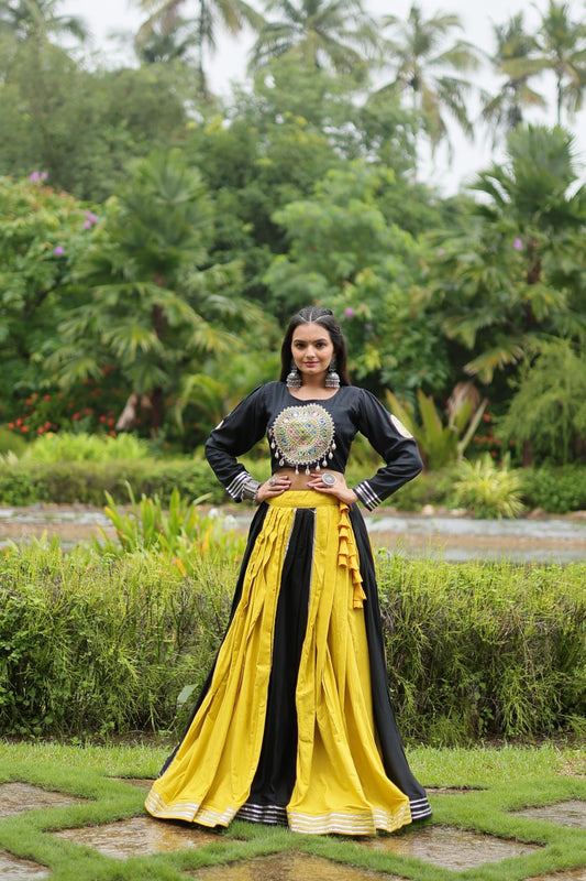 Yellow And Black Color Rayon And Cotton Navratri Lehenga Choli By WTW