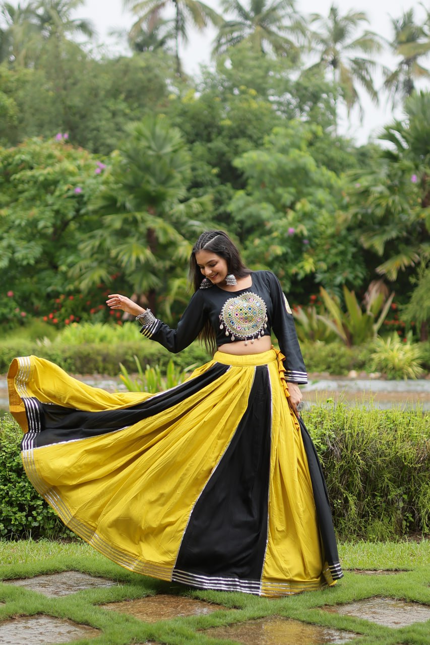 Yellow And Black Color Rayon And Cotton Navratri Lehenga Choli By WTW