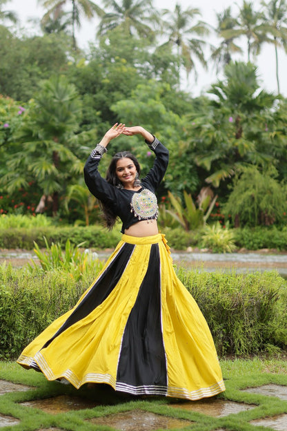 Yellow And Black Color Rayon And Cotton Navratri Lehenga Choli By WTW