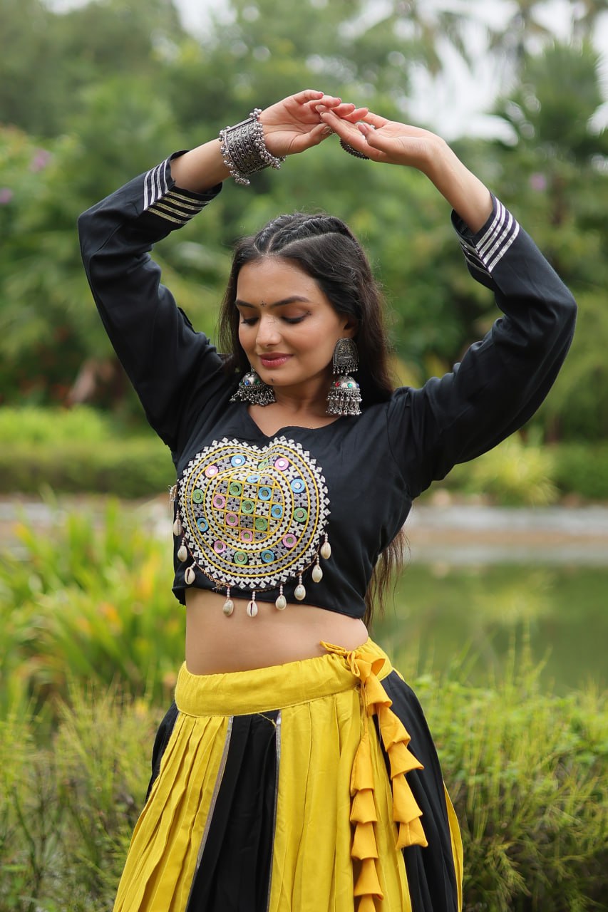 Yellow And Black Color Rayon And Cotton Navratri Lehenga Choli By WTW