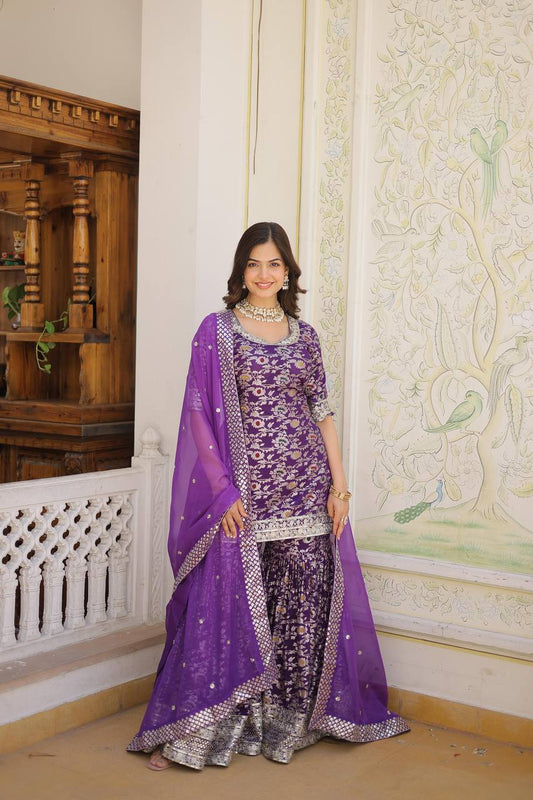 Captivating Purple Embroidered Jacquard Reception Wear Sharara Suit By WTW