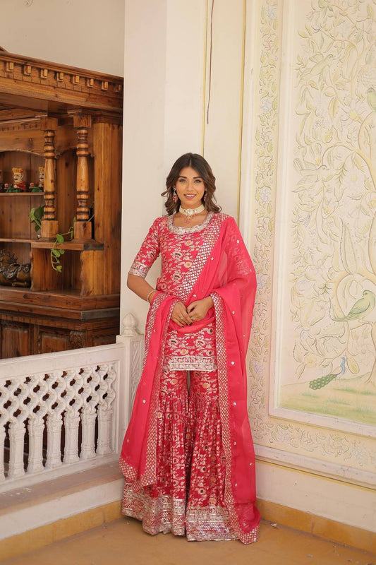 Gorgeous Embroidered Work Pink Color Sharara Suit By WTW