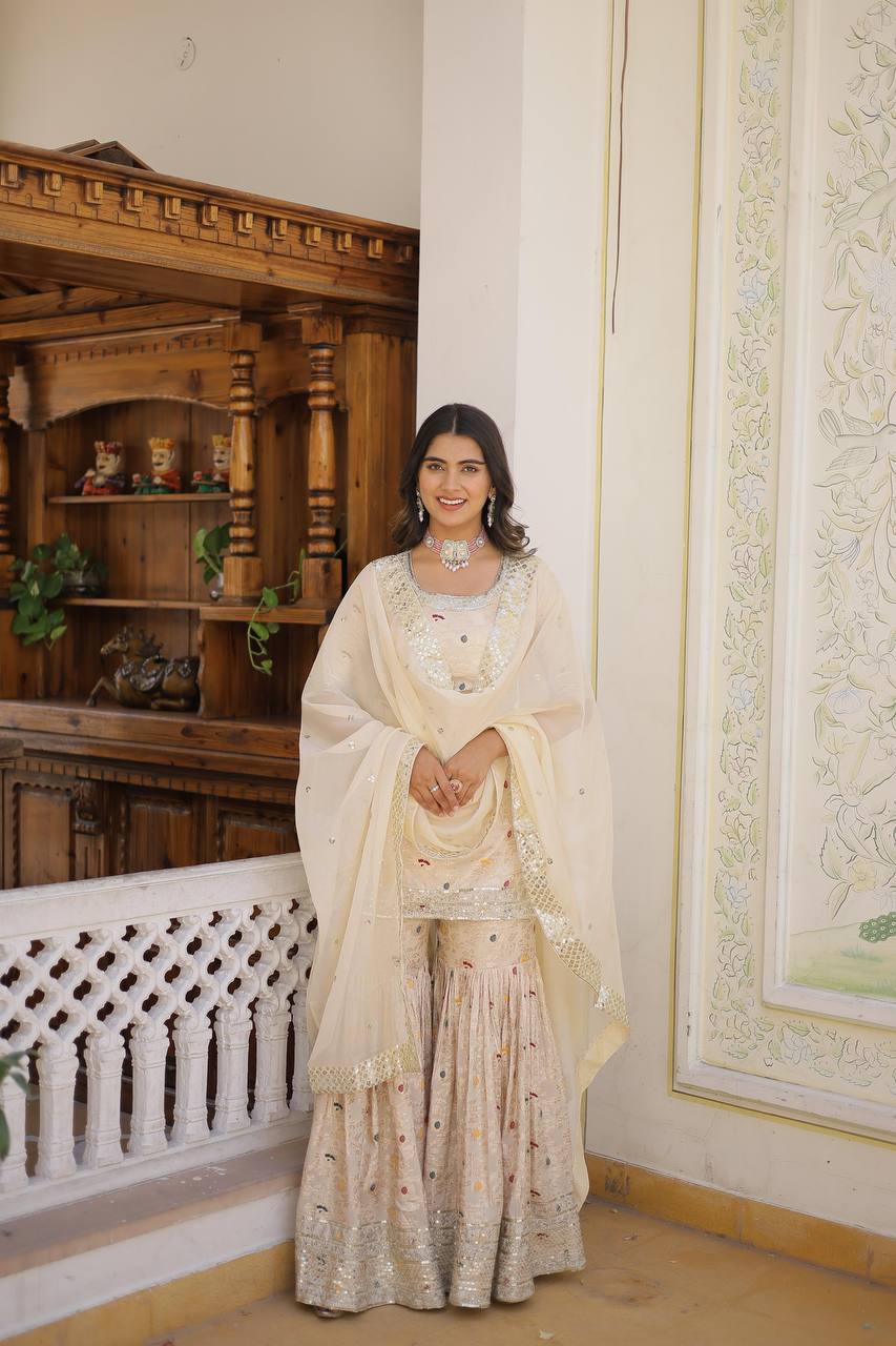 White Sequin Work Jacquard Kurta Set By WTW