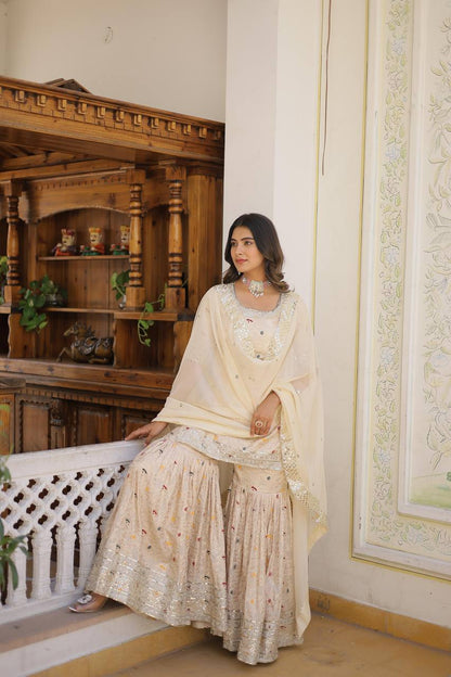 White Sequin Work Jacquard Kurta Set By WTW