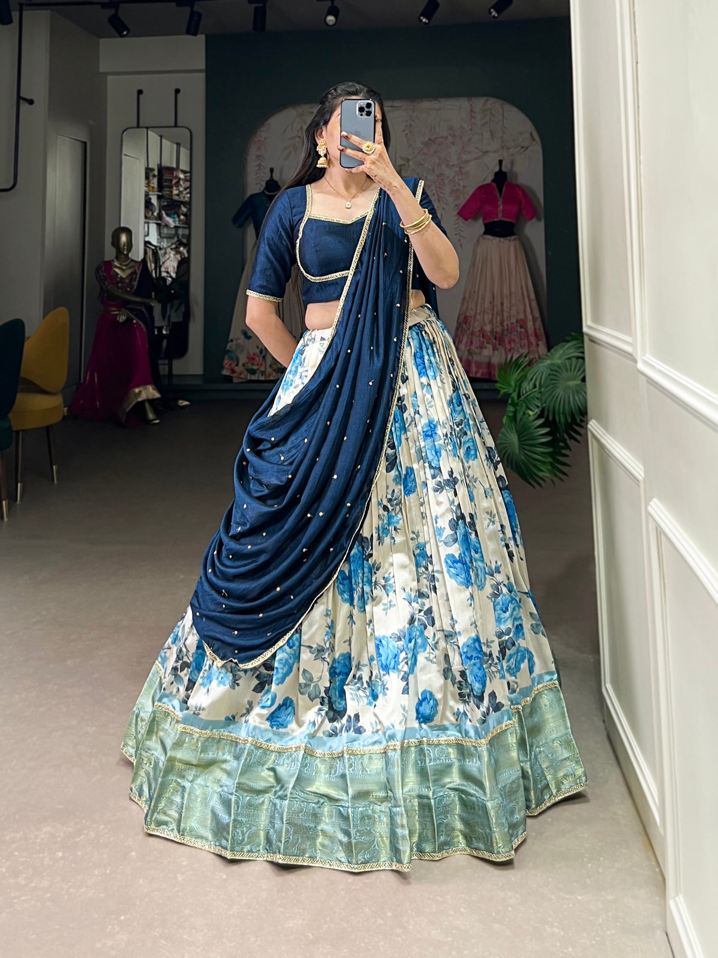 Navy Blue Lehenga Choli In Dola Silk With Floral Print And Weaving Border By WTW