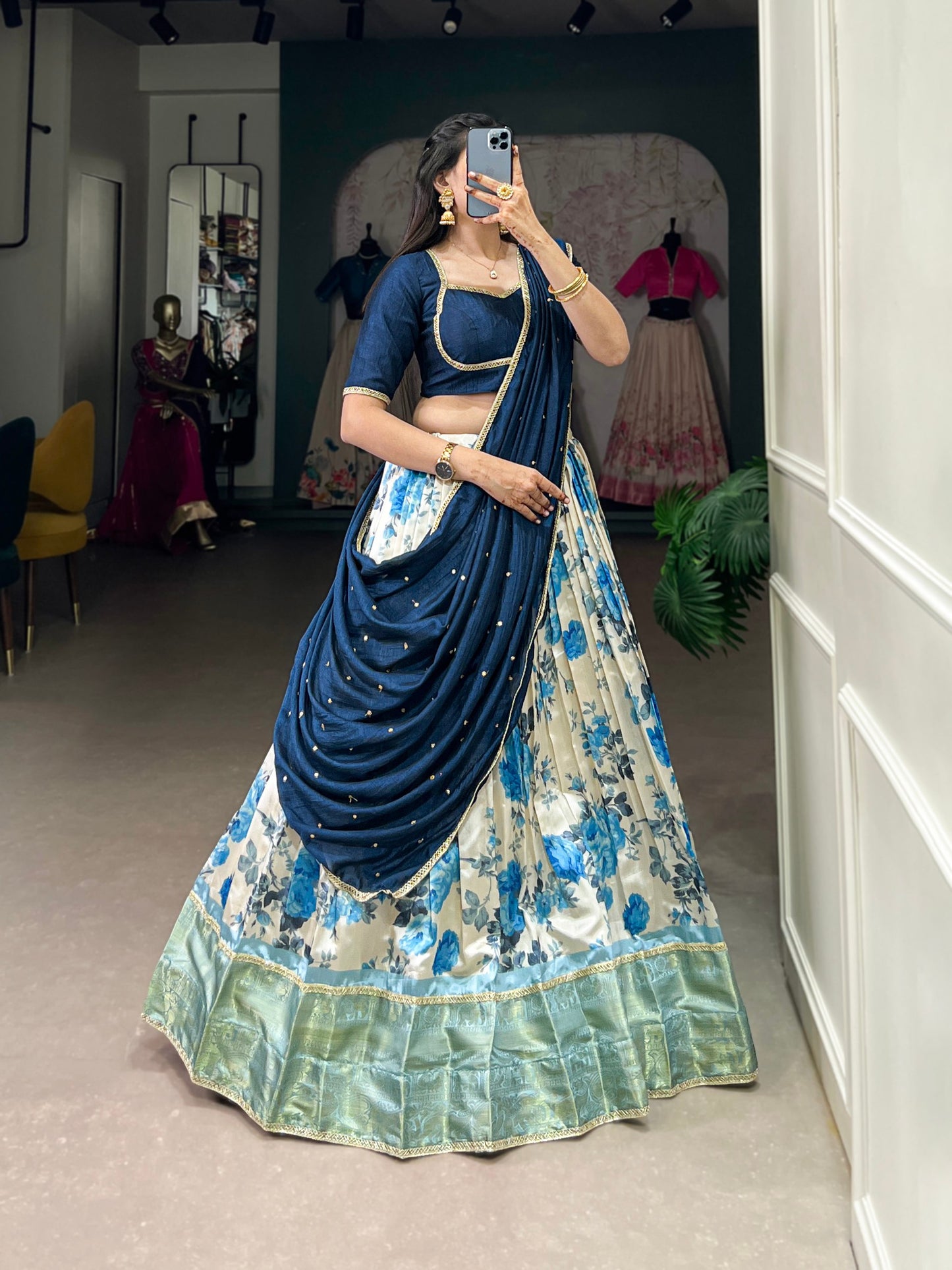 Navy Blue Lehenga Choli In Dola Silk With Floral Print And Weaving Border By WTW