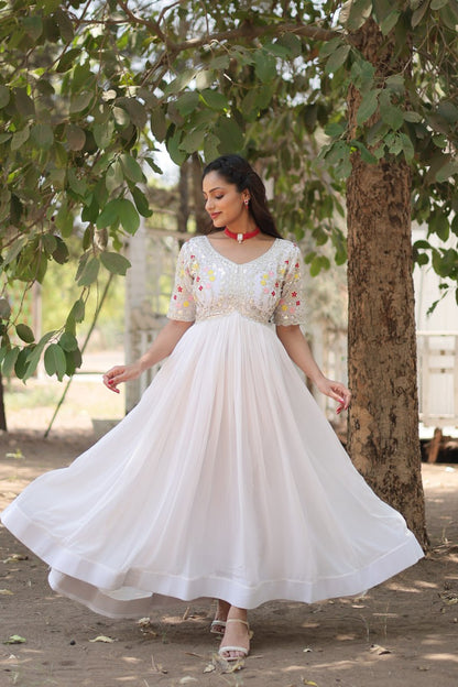 White Zari Sequin Embroidered Faux Blooming Gown By WTW