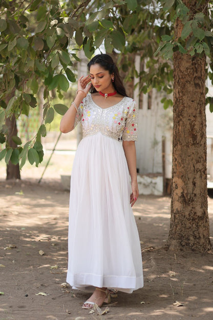 White Zari Sequin Embroidered Faux Blooming Gown By WTW