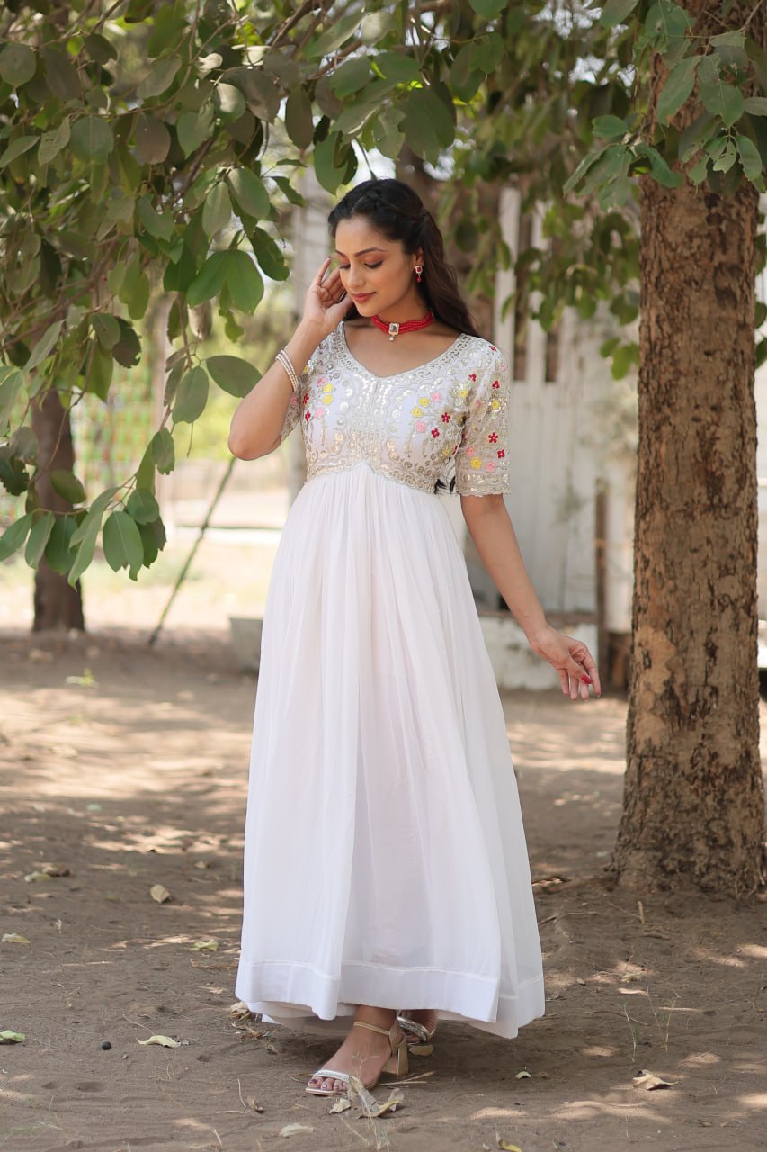 White Zari Sequin Embroidered Faux Blooming Gown By WTW