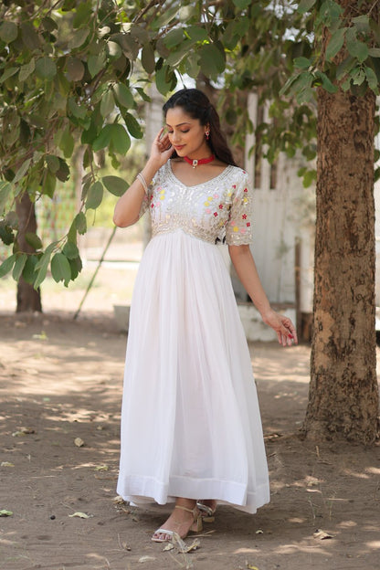 White Zari Sequin Embroidered Faux Blooming Gown By WTW