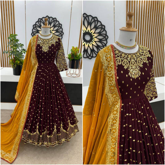 Luminous Maroon Color Georgette Embroidery Sequence Gown By WTW