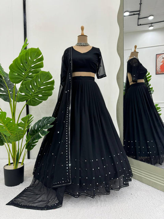 Black Faux Georgette Thread Work Lehenga Choli By WTW