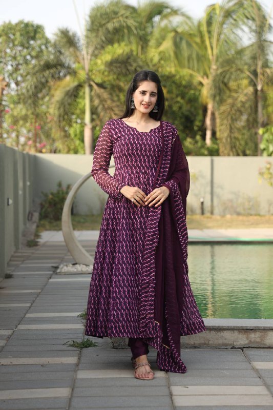 Elegant Purple Faux Georgette Printed Anarkali Suit By WTW