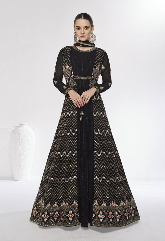 Cocktail Partywear Black Silk Georgette Designer Stitched Anarkali Gown By WTW