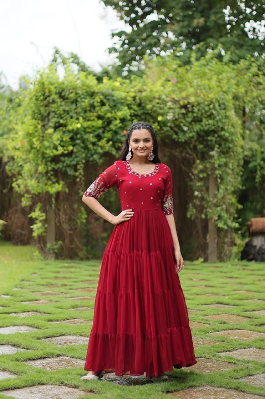 Red Zari Sequin Embroidered Faux Blooming Gown By WTW