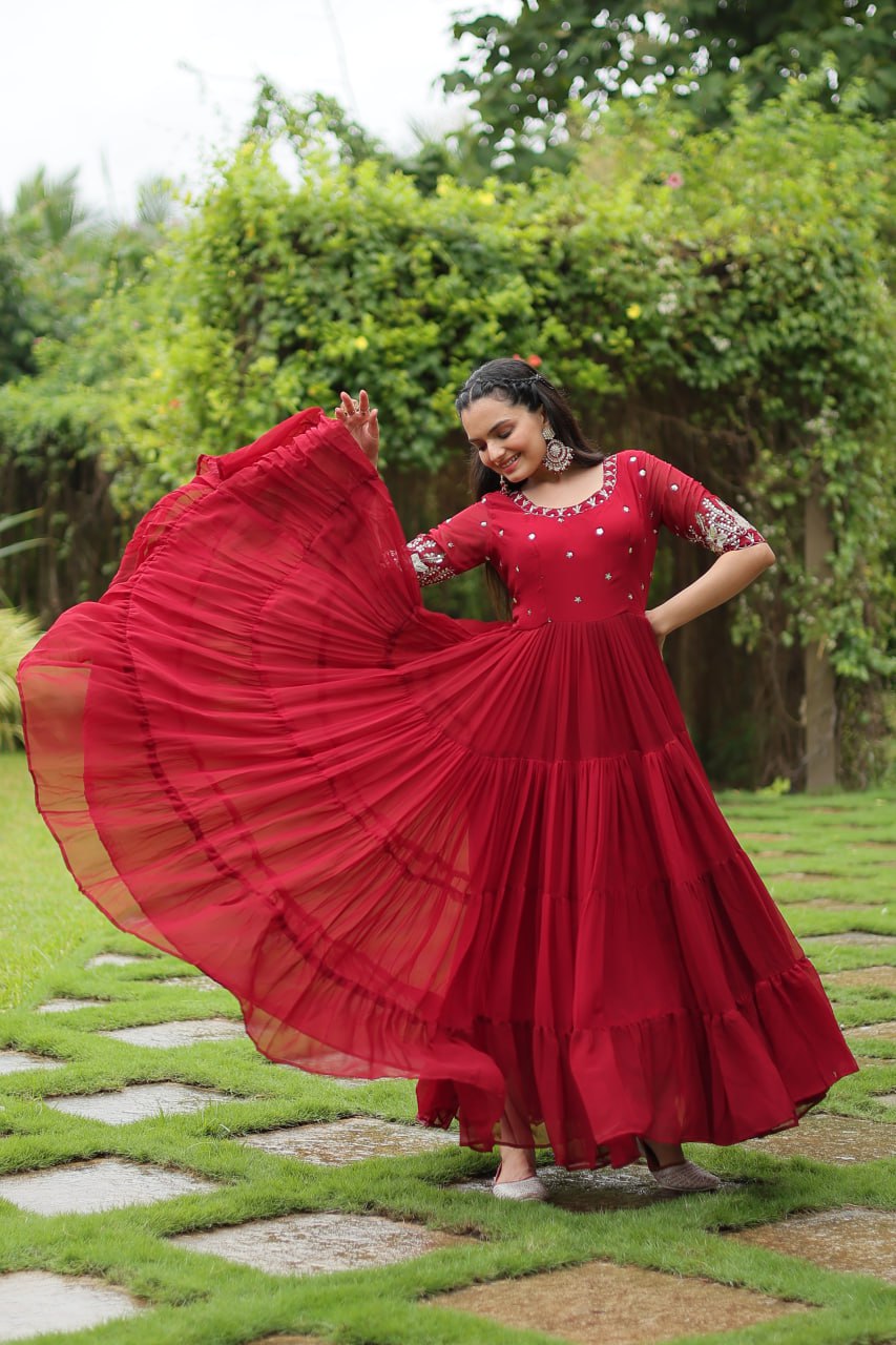 Red Zari Sequin Embroidered Faux Blooming Gown By WTW