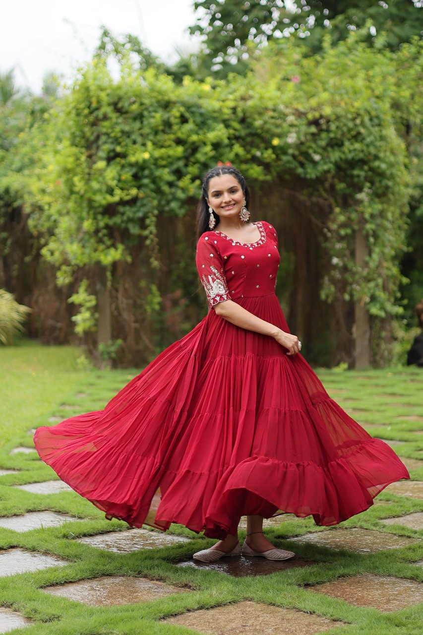 Red Zari Sequin Embroidered Faux Blooming Gown By WTW