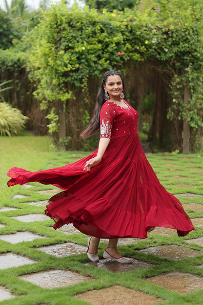 Red Zari Sequin Embroidered Faux Blooming Gown By WTW