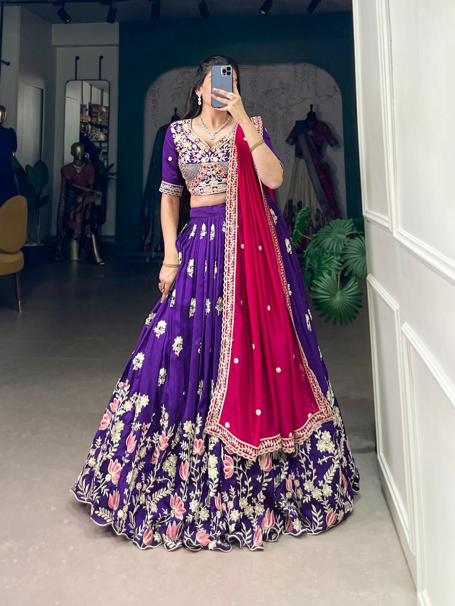 Purple Color Vichitra Silk Thread Embroidered Lehenga Choli By WTW