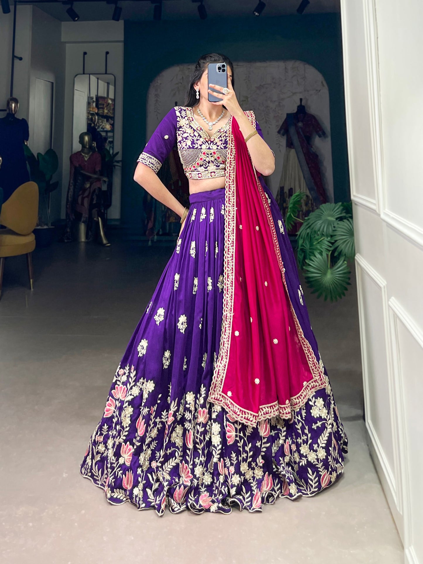 Purple Color Vichitra Silk Thread Embroidered Lehenga Choli By WTW