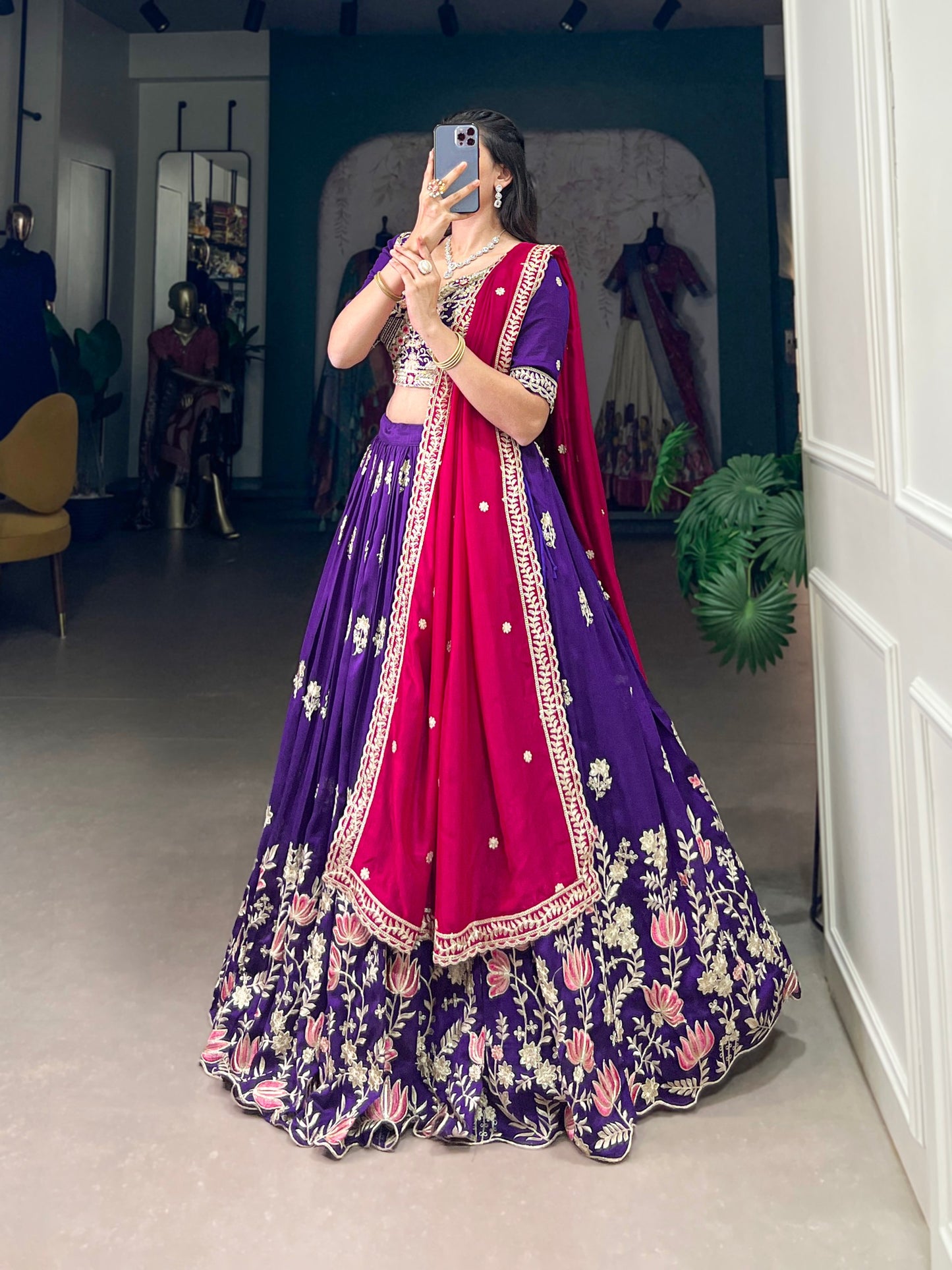 Purple Color Vichitra Silk Thread Embroidered Lehenga Choli By WTW