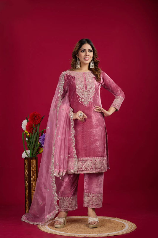 Function Wear Velvet Pink Color Salwar Suit With Dupatta By WTW